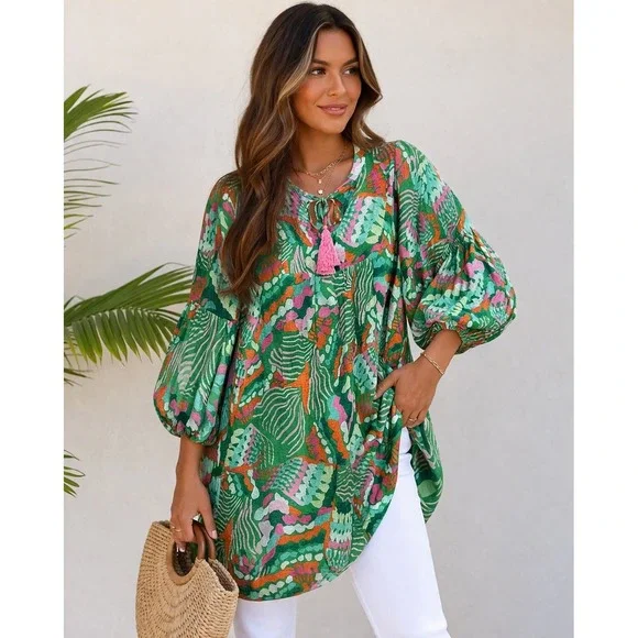 Jade Melody Tam Green Multi Abstract Balloon Sleeve Tunic Mini Dress Medium - Picture 2 of 12